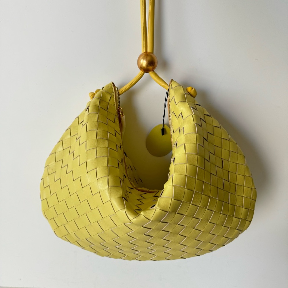 Yellow Intrecciato Woven Half Moon Leather Clutch Wristlet Top Handle Bag - Picture 1 of 16